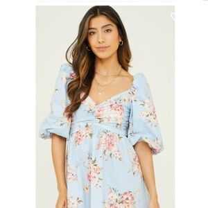 Altar’d State Light Blue Floral Puff-Sleeve Dress